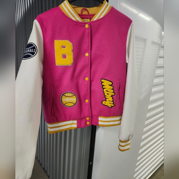 Daisy Jackets & Blazers - Daisy Hot Pink and White Varsity Jacket with Yellow Details